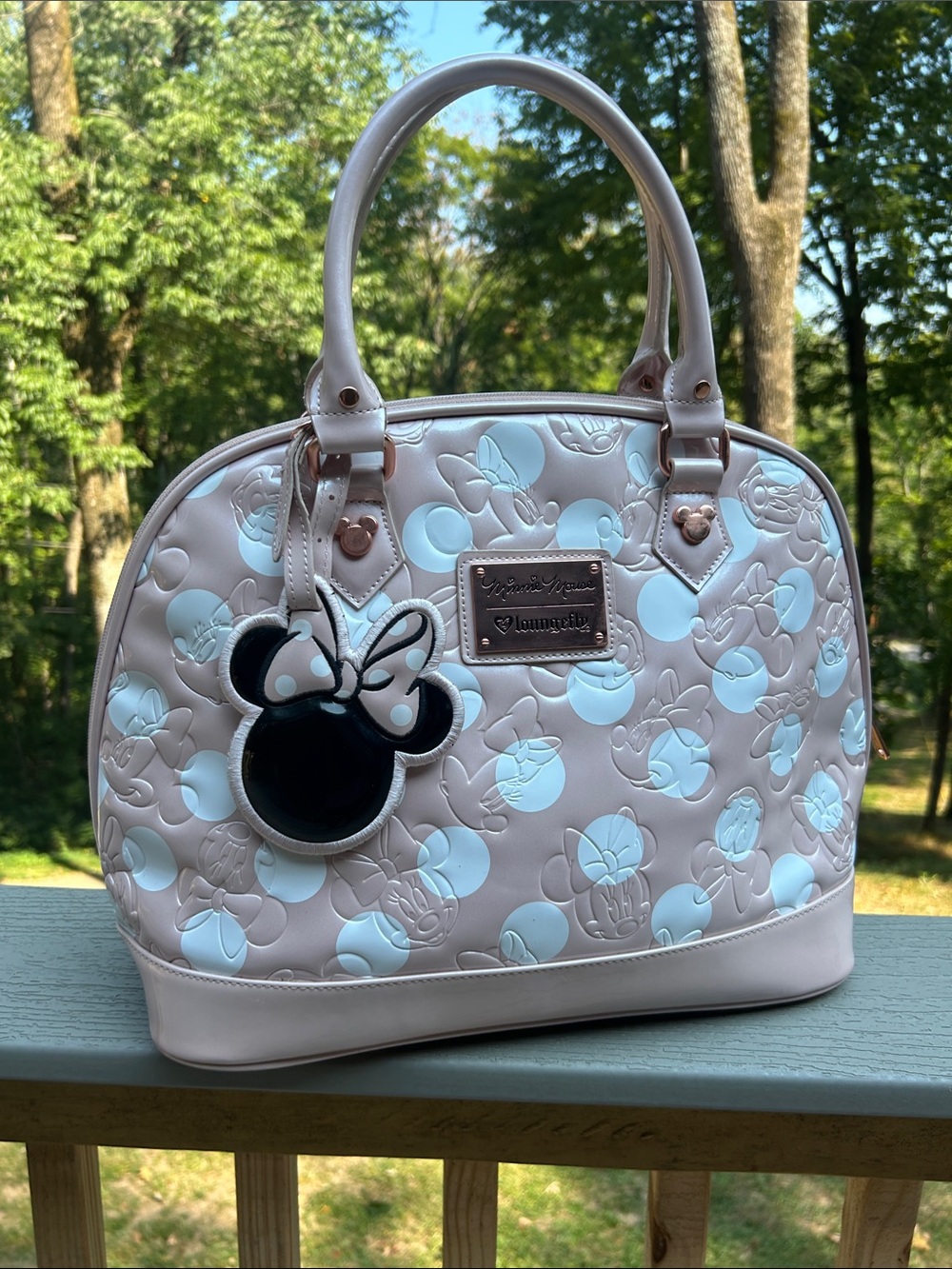 Disney Loungefly Minnie Mouse Blush Embossed Handbag Purse w/ Drawstring Bag